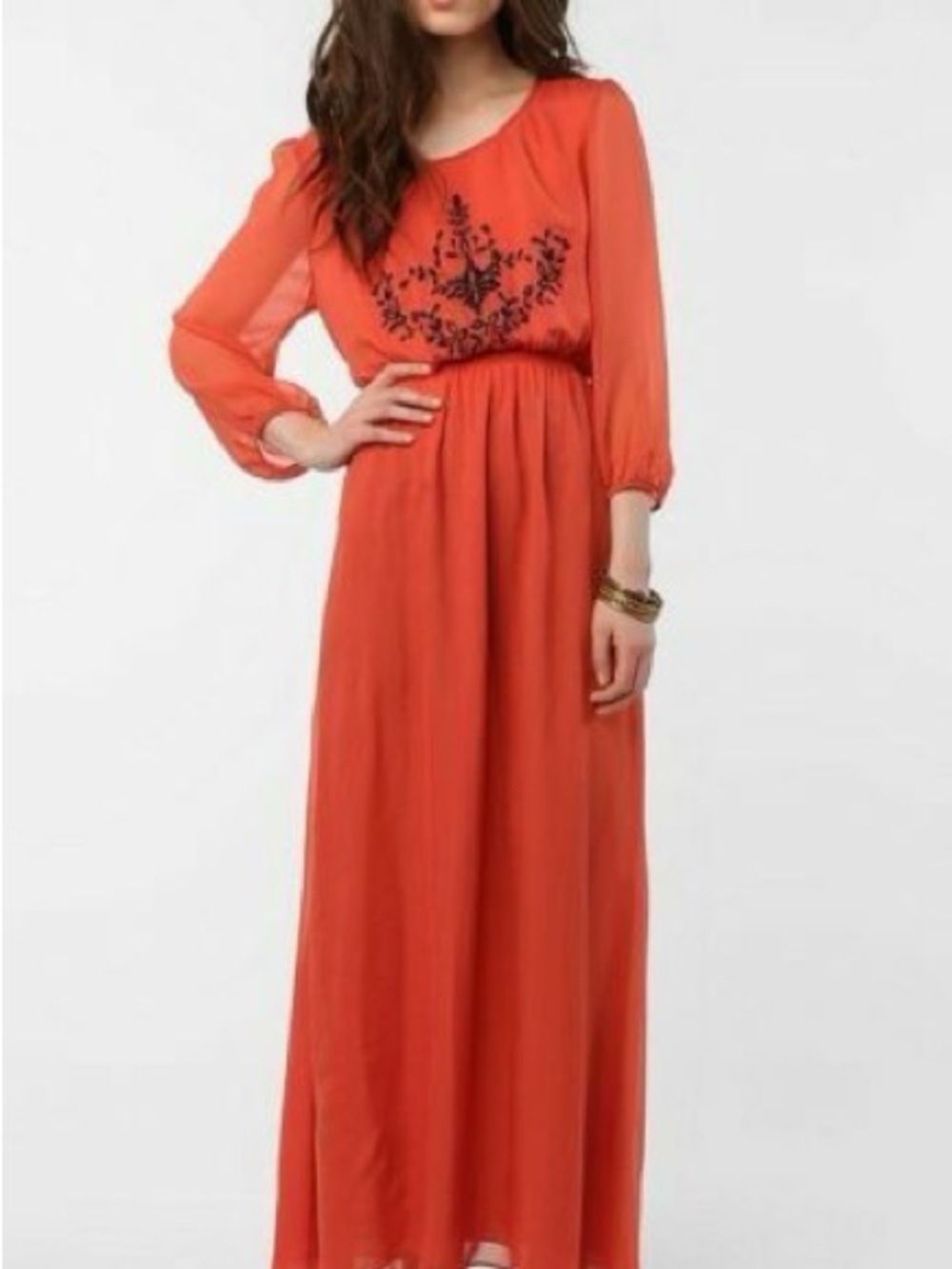 Anthropologie| Piplette| Burned Orange Sheer Maxi Dress w/Black Embroidery Sz M